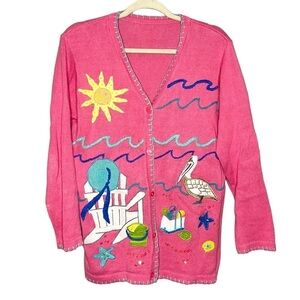 Vintage Quacker Factory Coastal Grandma Beach Pelican Vacation Cardigan Medium